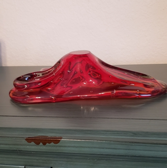 Handblown Red Art Glass Mid-Century Modern Atomic Bubble Vintage Ashtray Decor - Picture 8 of 11